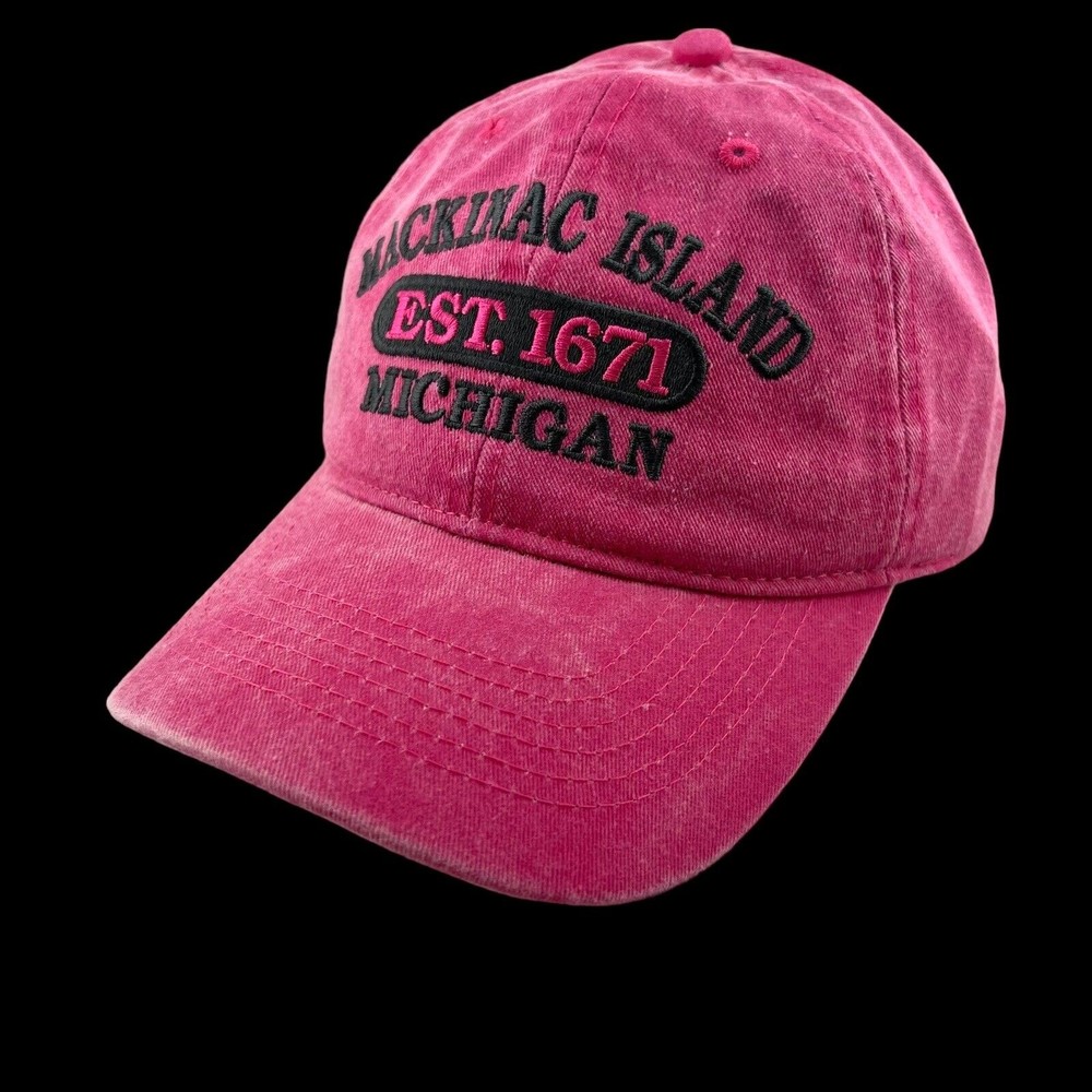 Women's  Ball Cap, Pink, Gray Embroidered, Mackinac Island, Michigan, Adjustable